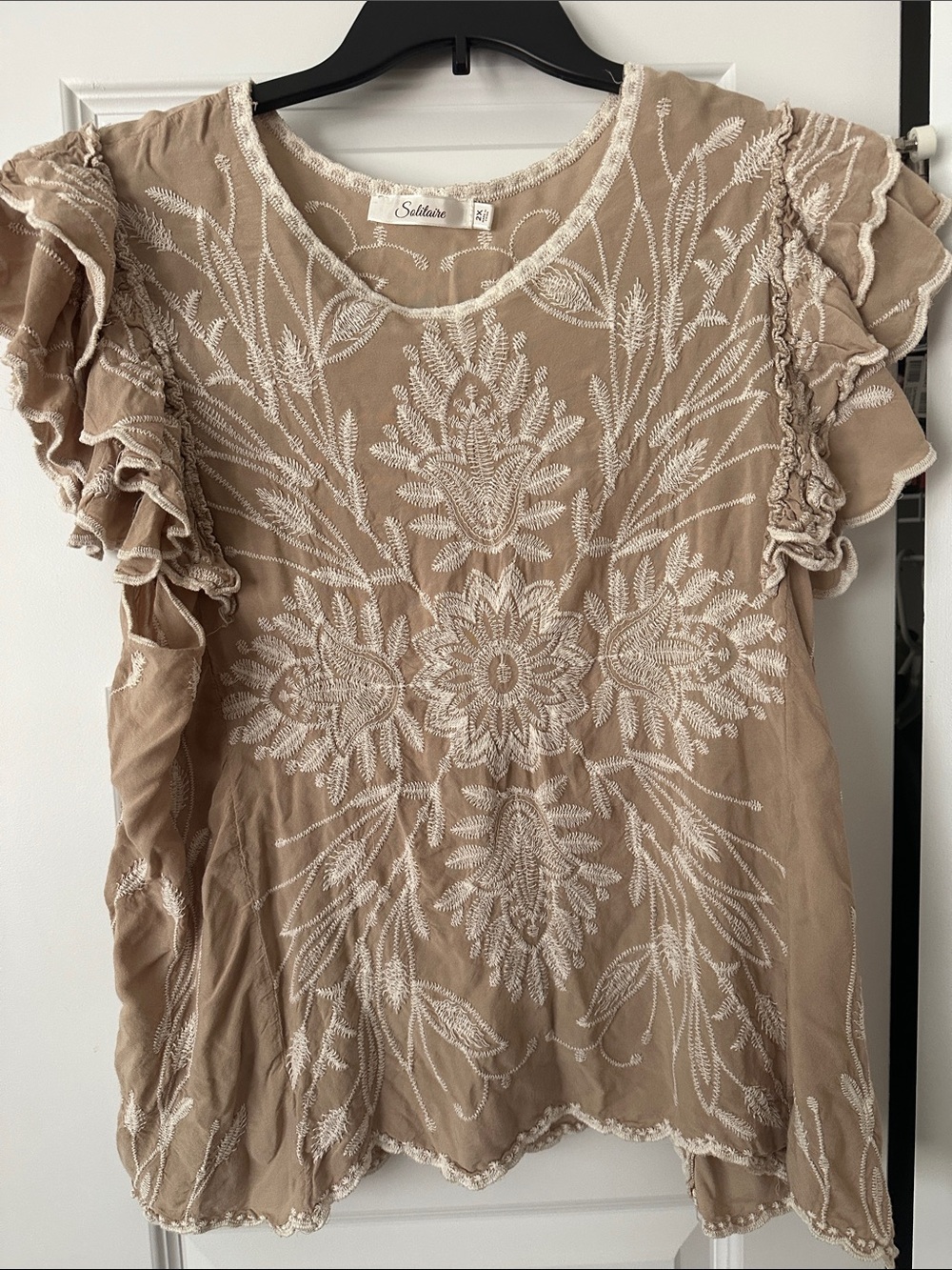 Solitaire Beige Embroidered Ruffle Sleeve Blouse